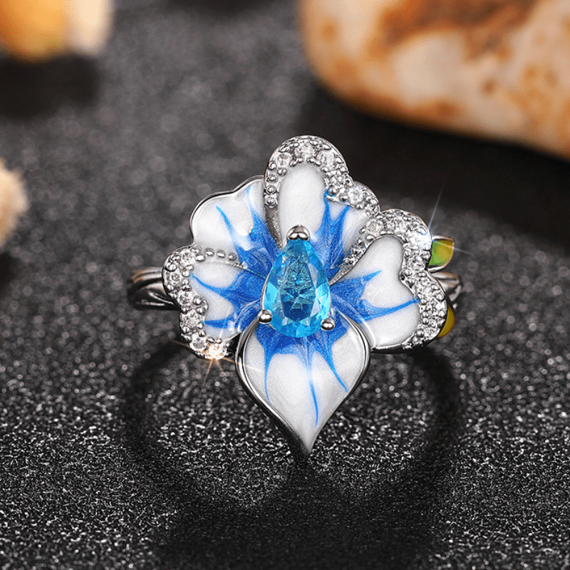 Women's Elegant Sea Blue Zirconia Flower Ring, Casual Gift
